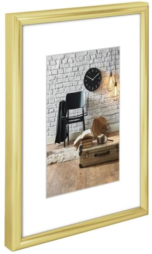 Hama Bilderrahmen Sevilla, DIN A4 (21 x 29,7 cm) mit Passepartout 15 x 20 cm, hochwertiges Glas, Kunststoff Rahmen, zum Aufhängen, gold