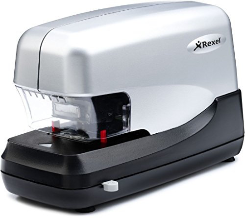 Rexel 2101178 Agrafeuse électrique automatique Stella 70 feuilles, capacité de 70 feuilles, agrafage plat, utilise des cartouches d'agrafes, adaptateur secteur inclus, argent/noir, 2101178