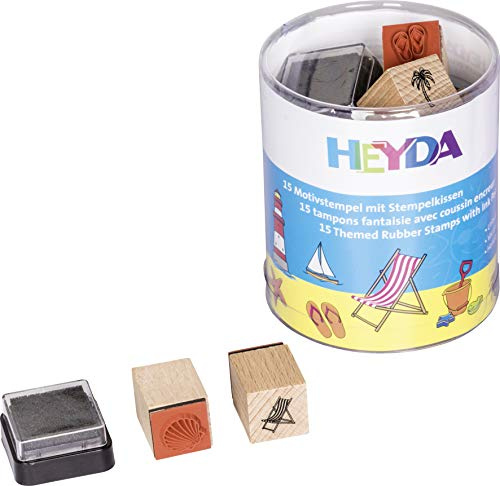 Heyda 204888490 Stempel-Dose „Urlaub“ Motivgröße: ca. 1, 5 x 1, 5 cm, 15 Holz-Stempel