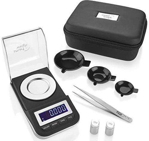 Smart Weigh 50g x 0.001 Grams, Premium High Precision Digital Milligram Scale, Includes Tweezers, Calibration Weights,Three Weighing Pans and Case