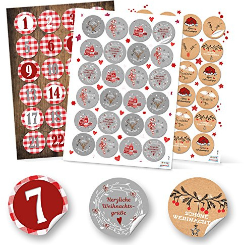 3 x 24 Aufkleber Frohe Weihnachten und Adventskalender Zahlen 4 cm rund rot weiß Geschenkaufkleber Set für Verpackung Scrapbooking hochwertig Logbuch-Verlag