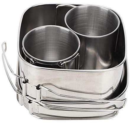 Keenso Picknick Kochgeschirr Utensilien, 6 Stück/Set Geschirr, tragbarer Edelstahltopf, Bratpfannenbecher für Outdoor-Camping Picknick(Silber)