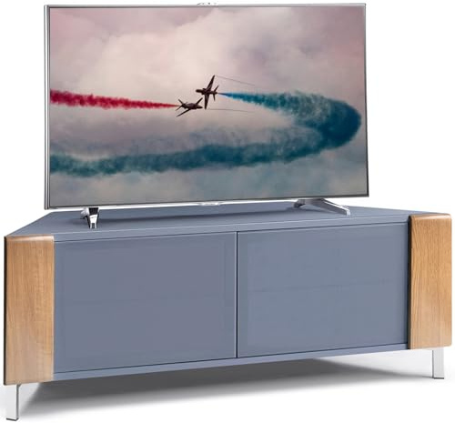 MDA Designs CORVUS Corner-Friendly Grey BeamThru Glass Doors with Oak Profiles Contemporary Cabinet for Flat Screen TVs up to 50