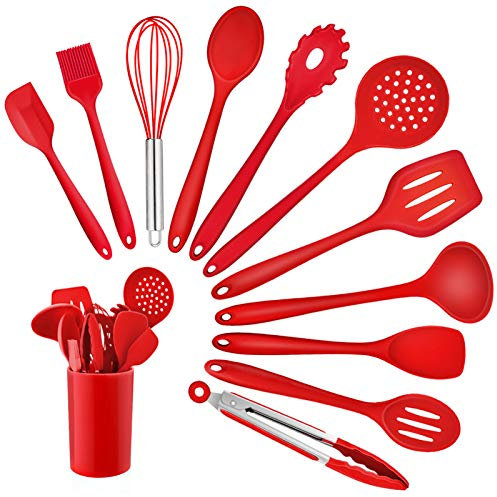 Homikit Küchenhelfer Set, 12 Stück Silikon Kochutensilien Kochgeschirr, Hitzebeständiger Kochbesteck Set mit Utensilienhalter, Gesund & Antihaft, Spülmaschinengeeignet, Rot
