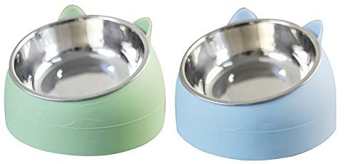 2 Pack Stainless Steel Pet Cat Bowl, Cat Food Bowl, Cat Water Bowl (200 ml, blue+green)