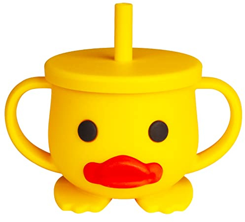 nohlerlife Taza de entrenamiento de silicona para niños pequeños, taza de destete LED para bebés con doble asa, taza abierta para bebé, irrompible, 7 onzas, más de 6 meses (taza + tapa, amarillo)