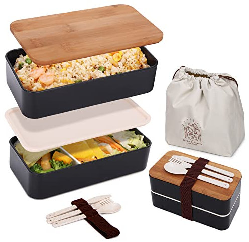 DEATPOYE Bento Lunchbox Erwachsene, 1200ml Japanische Bento Box, 2-Stufige Brotdose Lunch Box mit Besteck und Tasche, Lunchbox für Erwachsene und Kinder zur Arbeit und Schule (Schwarz)