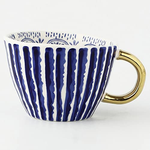 POLAY Unregelmäßige geometrische Keramiktassen mit goldenem Griff, handgefertigte Kaffeetassen, geformt, Tee, Milch, Becher, Tasse, einzigartige Geschenke, Heimdekoration