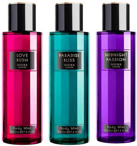 Aoura London Womens Midnight Passion, Love Rush, Paradise Bliss Body Mist Mixed Fragrance Spray 220ml Bundle (Pack of 3)
