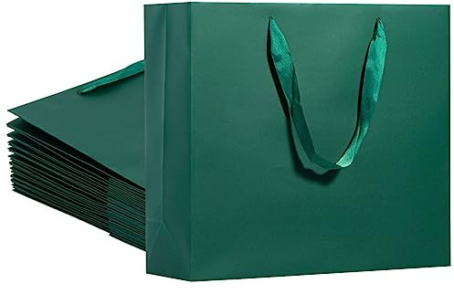 Umoofine Große grüne Geschenktüte mit Schleifengriffen, 12 Stück, 32 x 11,4 x 27,9 cm, extra groß, schwärzlich, dunkelgrün, wiederverwendbar, strapazierfähig, tiefgrün, Papiertüten, Großpackung für