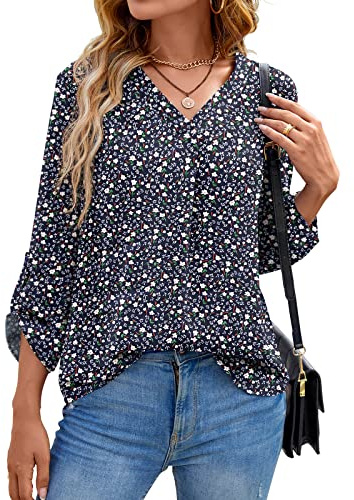 Yommay långärmade tröjor för kvinnor, blus, sommar, elegant, V-ringad, tunika, långtröja, topp, flytande, korta ärmar, chiffongtoppar, Sx F marinblå, L