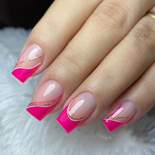 24 Stück Press on Nails Kurz, Rose Rot Eckig French Künstliche Nägel, Acryl Full Cover Nägel Zum Aufkleben mit Nagelkleber Aufkleber, Fingernägel Kunstnägel Fake Nails für Frauen & Mädchen