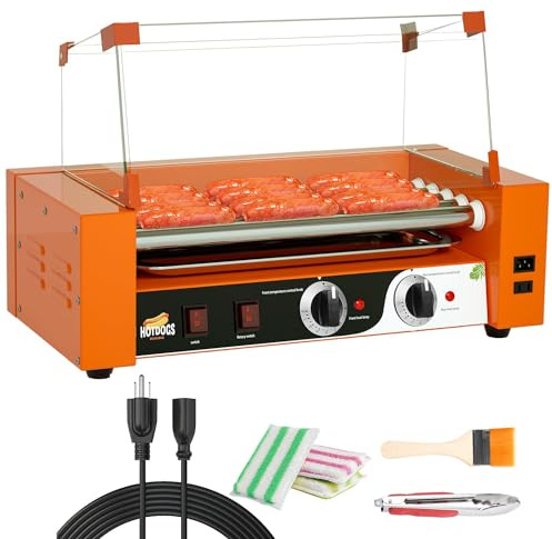 HYQNG Commercial Hot Dog Roller Grill, 1000W Hot Dog Roller Machine with Removable Drip Tray & Cover, 5/7 Non-Stick Roller Sausage Grill Cooker Hot Dog Warmer,0-250℃ Dual Temp Control 5roll