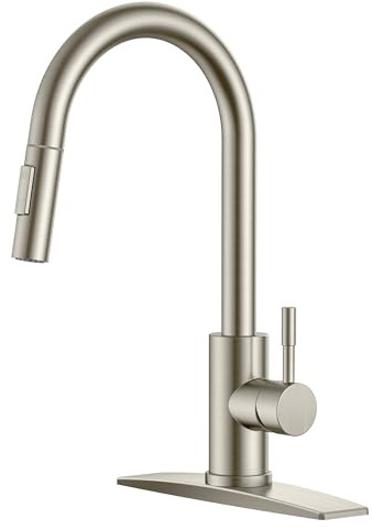 FORIOUS Kitchen Faucet with Pull Down Sprayer, Brushed Nickel High Arc Modern Classic Sink Faucet Stainless Steel with Deck Plate Fit for 1 or 3 Hole for Pot Filler Bar Farmhouse Laundry Rv