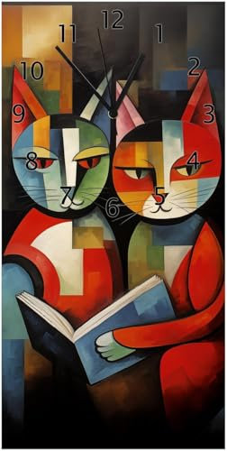 Wallario Design-Wanduhr Lesende Katzen aus Glas, Motiv-Uhr Größe 30 x 60 cm, Schwarze Zeiger
