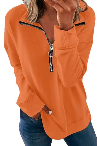 SMENG Halvdragkedja sweatshirt kvinnor långärmad pullover ribbad solid ståkrage sweatshirts för kvinnor UK, A-orange, L