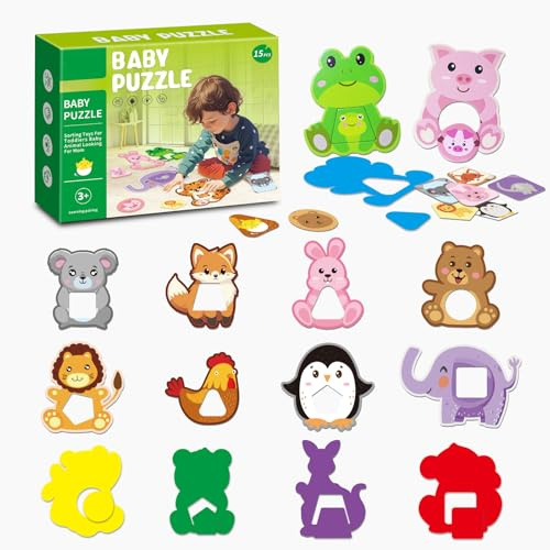 Juxtaposia Sortierspielzeug für Kleinkinder, 3 in 1 Farben Sortier Stapelspielzeug,Formensortierer und Tiere Puzzle für Kinder,15 Set Montessori Vorschule Lernen Feinmotorik Spielzeug für 3 4 5 6.