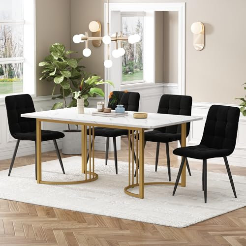 BXEYXE Essgruppe (5-TLG),Esstisch mit 4 Stühlen Set, Moderner Küchentisch Set, 140×80cm Küchentisch mit Golden Metallbeinen, MDF Tischplatte in Weißer,Schwarz Samt Esszimmerstühle