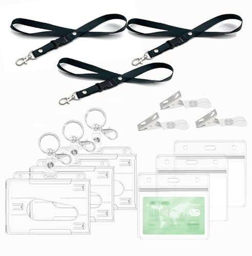 Ausweishülle mit Lanyard,Schlüsselanhänger, Clips, harter klarer Abzeichenhalter, Durchsichtige Kartenhülle,Badge Holder Karten für Ausweishalter,ausweishüllen, (3 Set Horizontal)