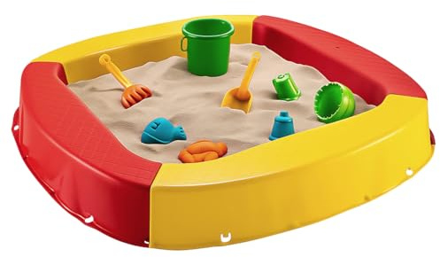 BURI Premium sandlåda av plast 150 x 150 x 20 cm, gul/röd, tillverkad i Tyskland – robust buddlåda för trädgården, barnleksaker att gräva ner med sand eller grus, mycket stabil och hög kvalitet