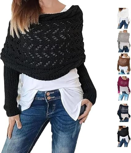 Schal mit Ärmeln Damen - Multifunktionaler Schal mit Ärmeln für Damen - Gestrickter Schal Sweater Wrap mit Ärmeln Damen - Schal mit Ärmeln Häkeln Multifunktionstuch Boho Stola mit ärmeln