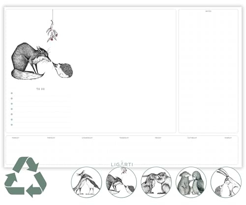 Ligarti Schreibtischunterlage Papier (100% nachhaltig) A3+ Wochenplaner Block mit To Do Liste und wechselnden Motiven - Weekly Planner undatiert, Schreibtisch Unterlage (Kuscheltiere)