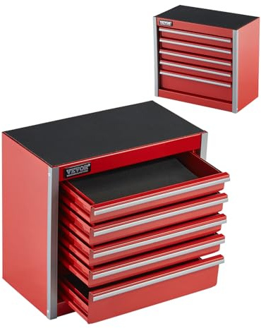 VEVOR Caja de Herramientas Portátil de Metal 218 x 118 x 205 mm, Cofre de Herramientas Pequeño con 5 Cajones, Revestimiento de EVA y Almohadillas de PP para Pies, Caja de Acero Resistente, Rojo