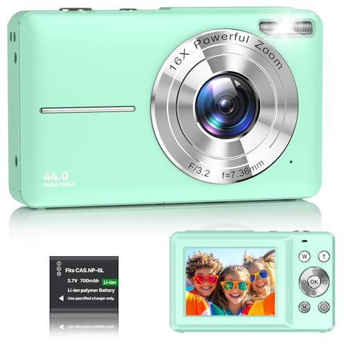 Digital Camera 1080P FHD Compact Digital Camera 44MP Portable Mini Small Photo Camera with 2.4 LCD Screen, 16X Digital Zoom and 1 Battery Vlogging Camera for Kids, Girls, Boys-Green (No SD Card)