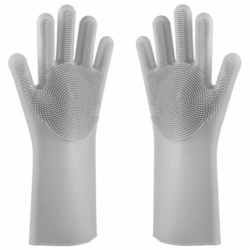 Rubber Gloves,Rubber Gloves Dishwashing Cleaning Gloves Magic Silicone Rubber Brush Gloves Reusable Scrubber Gloves for Household Kitchen Cleaning Pet Cars Dishwashing Gloves(Pink)(Grey)