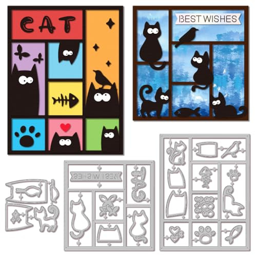 GLOBLELAND Stanzformen Mit Katzen Fensterrahmen Für Bastelarbeiten Scrapbooking Metall Stanzformen Fische Vögel Stanzungen Zum Kartenmachen Prägen