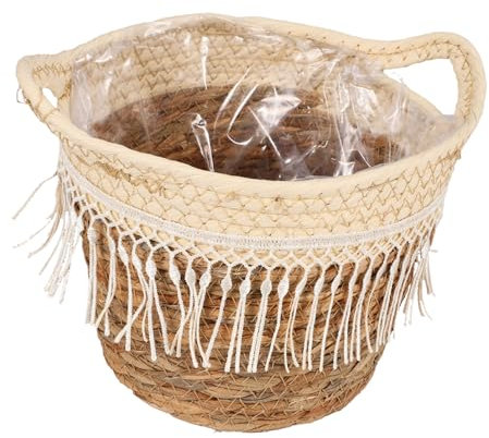 Holibanna Cesta Tejida De Yute Natural para Plantas De Interior con Borlas, Macetero Pequeño Rústico para Decoración del Hogar, Duradera y Ligera, Adecuado para Jardín y Terraza