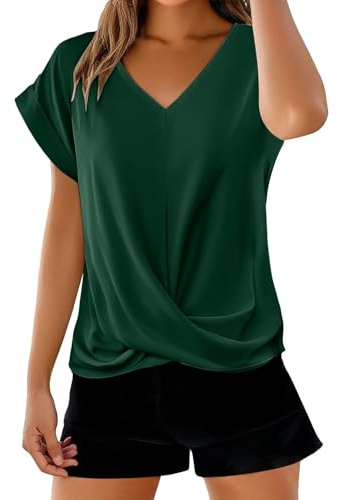 Cocila T Shirts con Scollo A V Tinta Unita Elegante Tops Maniche Corte per Abbigliamento Femminile Primaverile Ed Estivo Camicia Pizzo Elegante Camicia Donna Firmata Donna Blu Scuro Viscosa Blusa