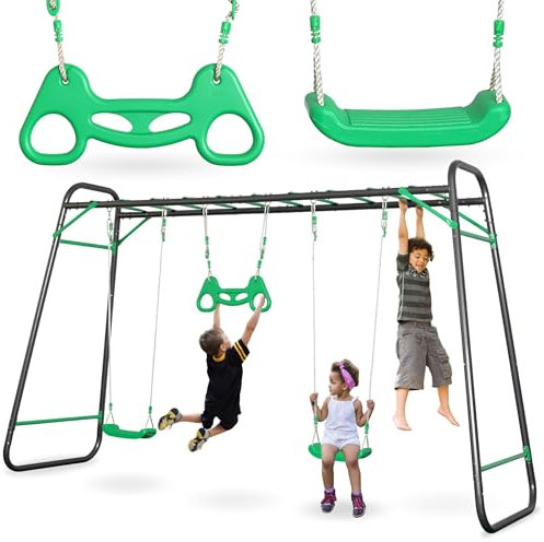HyperMotion Swing HYP17 Gartenschaukel-Set XXL: 2 Schaukelsitze, Kletterleiter und Turntrapez - Stabiler Stahlrahmen belastbar bis 150 kg - Outdoor-Spielgerät für den Garten