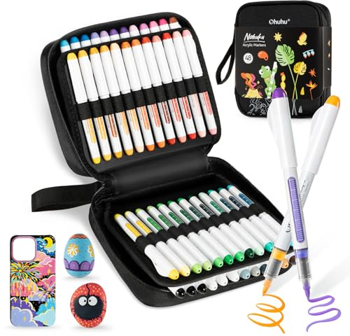 Ohuhu Rotuladores acrílicos de 48 colores, marcadores acrílicos con punta de pincel de 1,5MM de alta opacidad resistentes al agua y a la luz para huevos de Pascua de roca madera vidrio cerámica