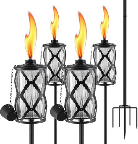 SSNEWOG 4 Pack Glass Citronella Torches for Outside, 16 Oz Outdoor Garden Torch with 5-Prong Grounded Stake, 60 Inch Patio Torch with Clear Glass Canisters, Outside Torches for Backyard, Patio