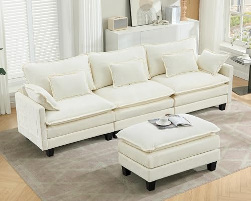 SITURAY Doppellagige Ecksofa Modulares Sofa, Wohnlandschaft L-Form Cloud Couch mit Ottomane, Chenillestoff Eckcouch Corner Sofa mit Schlaffunktion für Wohnzimmer Schlafzimmer (Beige, 3 Sitzer)