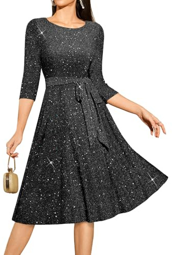DRESSTELLS Sequin Cocktail Dresses for Women, Vintage Wedding Guest Sparkly Dress Knee Length, 3/4 Sleeve Church Formal Party Prom, Fall, Glitter Black S