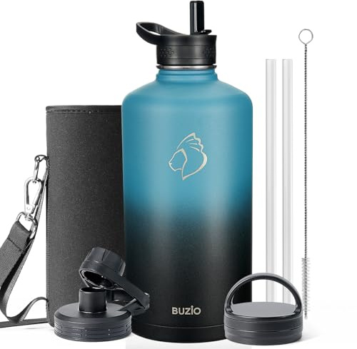 BUZIO Insulated Water Bottle 3.7L with 3 Lids, Keep Cold 48 Hrs | Stainless Steel Half Gallon Canteen Metal Thermo Mug Hydro Jug, Double Vacuum Hot Cold Water Bottles Carrying Pouch