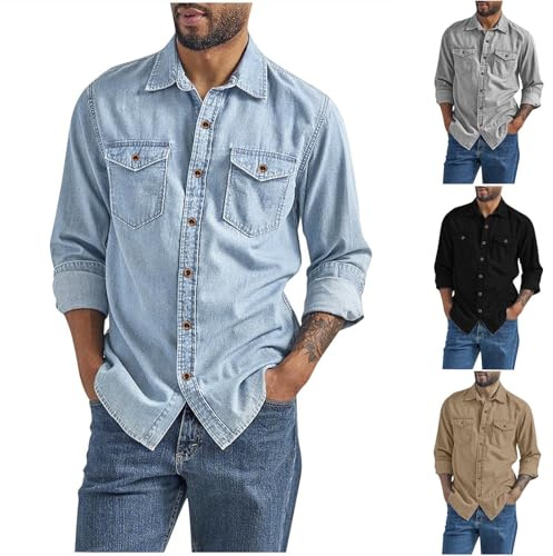 Chemise Jeans Homme Chemisette Manches Longuess Chemisier Décontractée Tee Shirt Basique Tshirt Leger T-Shirts avec Poche Teeshirt Mode Hauts Casual Vêtements