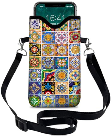 otilil Neoprene Cell Phone Sleeve Pouch Case Bag with Crossbody Strap/Neck Lanyard for Women 7.1 X 3.9 in Bohemian Style