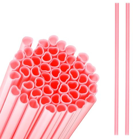 50 Stück Plastik Strohhalme Wiederverwendbare Rosa Herzförmige Trinkhalme 21 cm lang Verdickte Trinkhalme Plastik für alle Arten von Milchshakes Valentinstag Hochzeiten Partys Cocktails