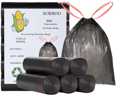 AURMOO Sacs Poubelle 60L avec Cordon de Serrage, Sacs Poubelle Dégradables, 90 Pièces, Müllbeutel avec Cordon de Serrage, Sac à Ordures de Cuisine, Sac de Déchets Alimentaires, B60xH80cm, Noir