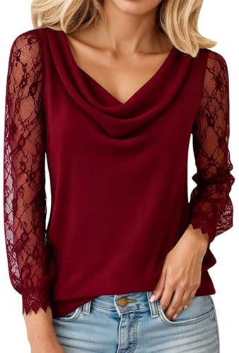 T-shirt à manches longues pour femme - Dentelle translucide - Manches en maille - Col cascade - Couleur unie - Chemisier décontracté - Business - Élégant - En dentelle - Confortable - Haut de loisirs