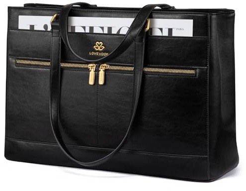 LOVEVOOK Laptop Handbags for Women, 15.6 Inch Large Tote Bag Ladies Work Bags with Compartments, Vintage-Style Leather Laptop Bags Womens Handbag Shoulder Bag for School Office Business, Black