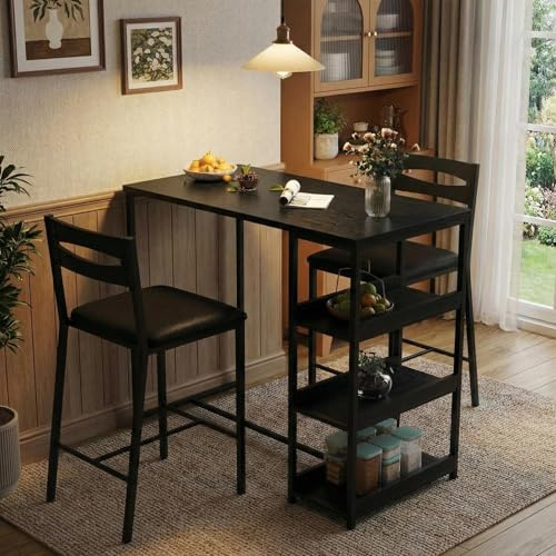 Litake Esstisch Set Für 2 Mit 3 Aufbewahrungsregalen, Küchentisch & Stühle Für 2 Polsterstühle & Dicke Holzplatte, 3-Teiliger Esstisch Set Für Kleinen Raum, Wohnung, Studio, Schwarz