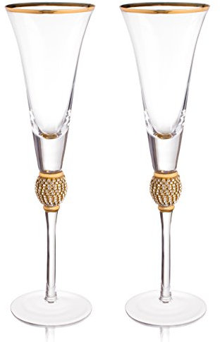 Trinkware Wedding Champagne Flutes - Rhinestone DIAMOND Studded Toasting Glasses With Gold Rim - Long Stem, 7oz, 11-inches Tall - Elegant Glassware And Stemware - Set of 2 For Bride And Groom