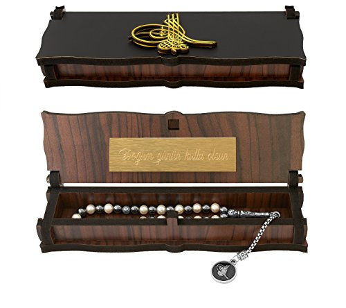 Gök-Türk Box Schatulle MIT Gravur aus Holz Handgemacht & Tesbih Gebetskette 'Tugra' Sultan Stempel 33 Perlen, ColorName:mit Gravur