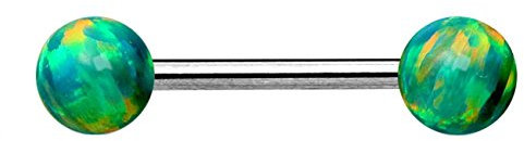 beyoutifulthings Brustwarzen-Piercing 2 Opale Brust-Piercing Nippel-Piercing Chirurgenstahl Silber Grün Stab 1,6mm 14mm