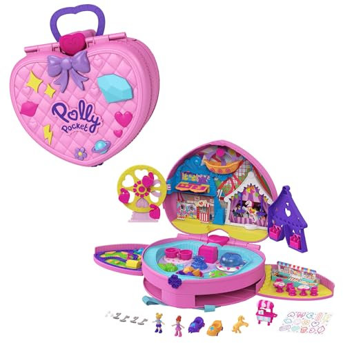 Polly Pocket, Freizeitpark Rucksack, mit verstellbaren Trägern, 2 kleinen Puppen, einem Eiswagen und Fahrgeschäften, groß, Reisespiel, Spielzeug ab 4 Jahre, GYK91