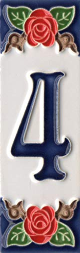Hausnummern, italienische Keramik-Zahlen und Buchstaben, Rosendesign, Fliesengröße: 10 cm x 3,5 cm, Rahmen für 3 bis 6 Fliesen (Nummer 4)